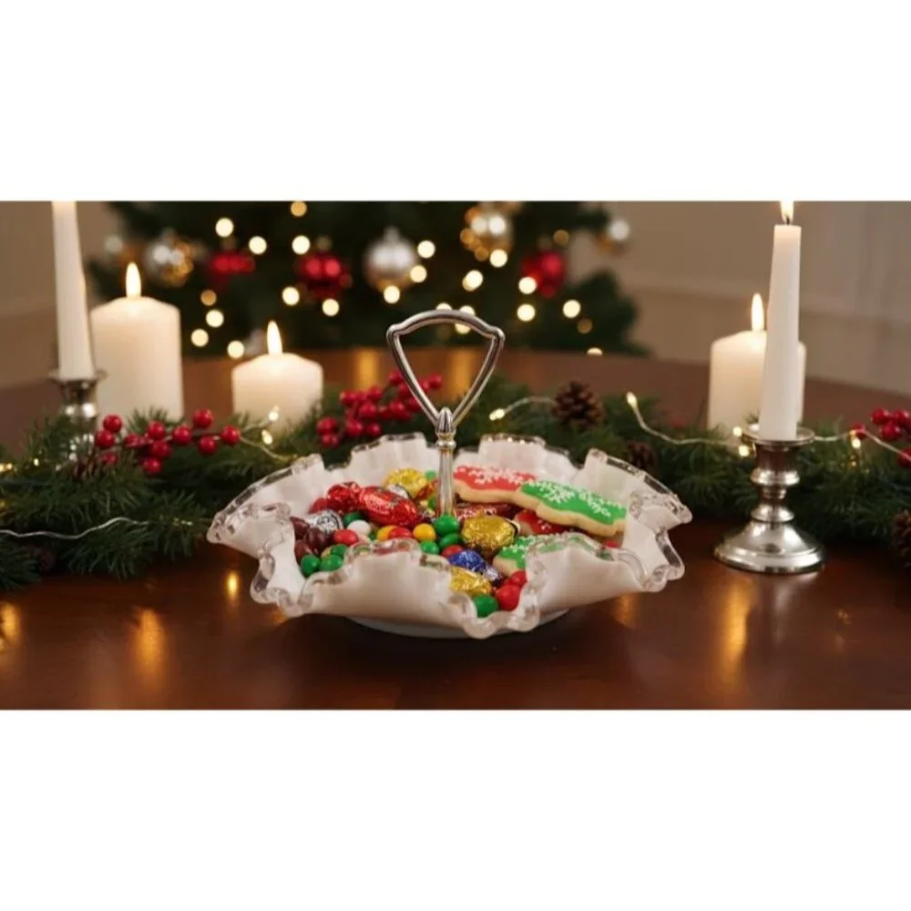 Vintage Fenton Milk Glass Silver Handle Ruffled Edge Candy Dish‎